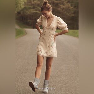 Anthropologie Cream Embroidered V-Neck Mini Dress with Floral Detail